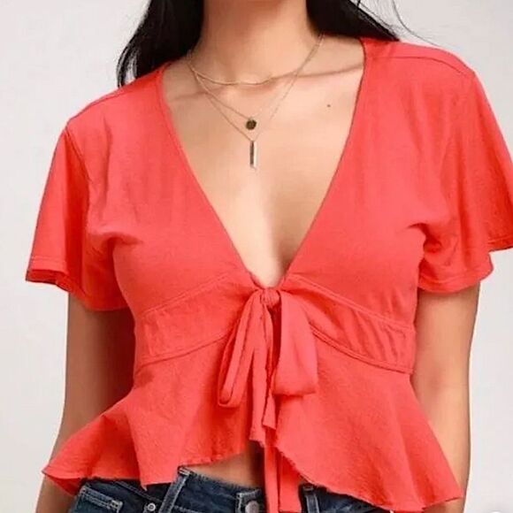 Free People We the Free Knot Me Red Tie-Front Crop Top - Picture 5 of 9